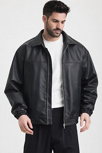 kıyı export Oversize Erkek Siyah Deri Ceket
