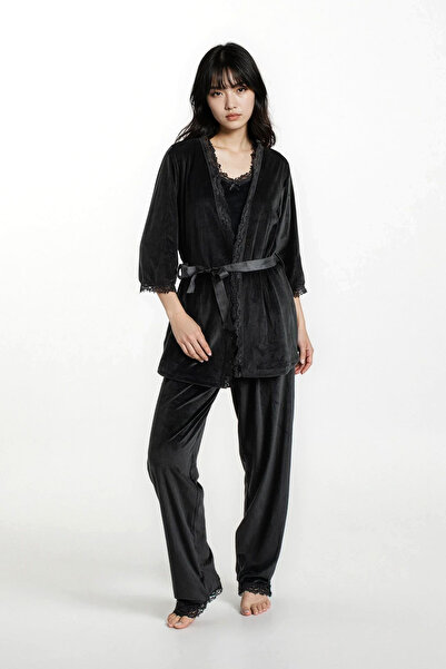Ecrou Women's Black Velvet Rope Strap Robe Pants 3-Piece Pajama Set