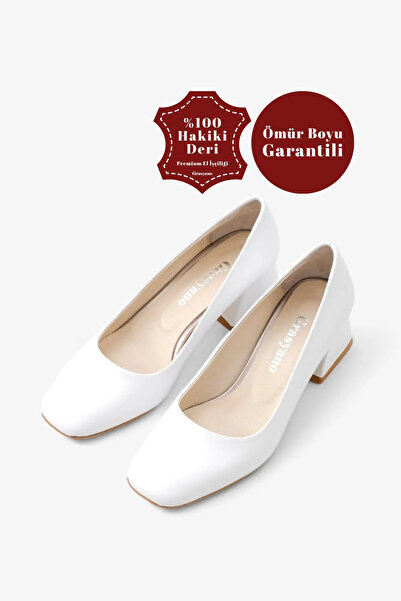 Grasyano Hakiki Deri Beyaz Klasik Kısa Topuklu Ayakkabı Yumuşak Gerçek Konfor...