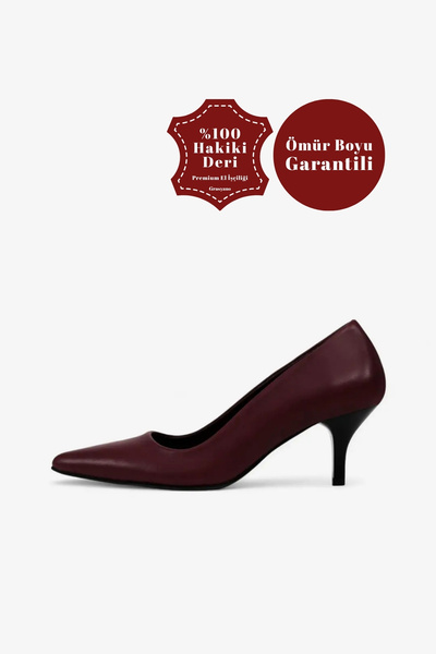 Grasyano Hakiki Deri Stiletto Bordo Sivri Burun Yumuşak Deriden Sade Konforlu...