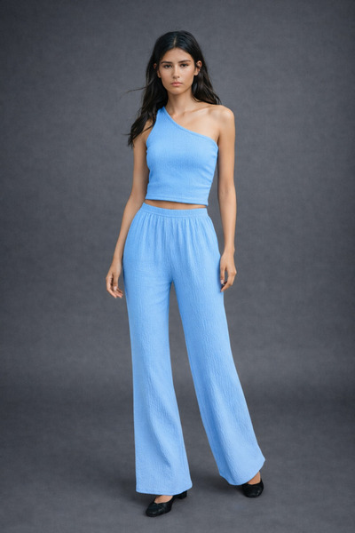 HAKKE Tek Omuz Gofre Pantolon Crop İkili TAKIM