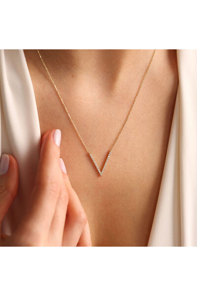Sembol Gold 14 Ayar Altın Taşlı V Kolye