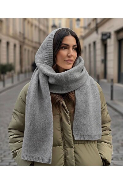 Trend Şapka 14812 Gri Yumuşak Dokulu Kapüşonlu Tek Parça Atkı Bere