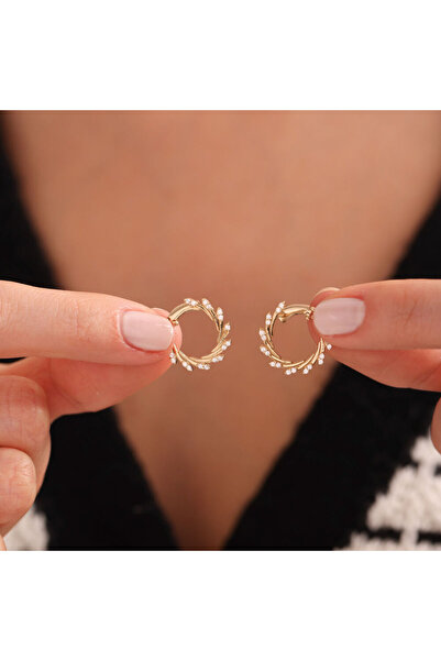 Sembol Gold Altın Halka Küpe Özel Tasarım Taşlı 1.7 Cm