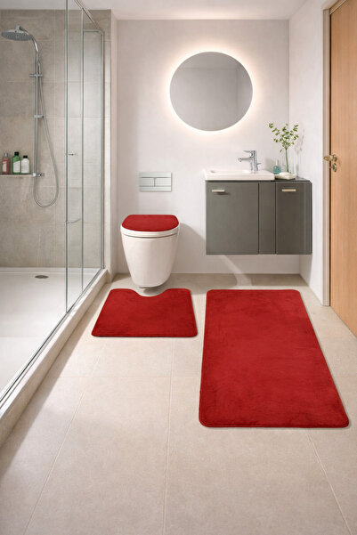 Dokumacıoğlu طقم سجادة حمام وحصيرة حمراء فائقة النعومة مكونة من 3 قطع - مع قا...