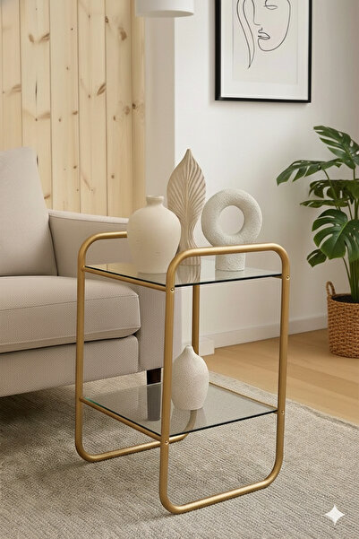 DEKOPRATİK Odessa Yan Sehpa - Gold Metal Modern Yan Sehpa Şeffaf Camlı – Şık ...