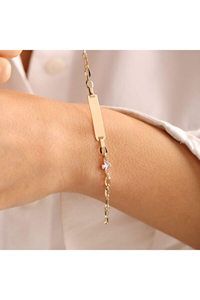 Sembol Gold Altın Çocuk Bileklik Yonca Form Pembe Mine