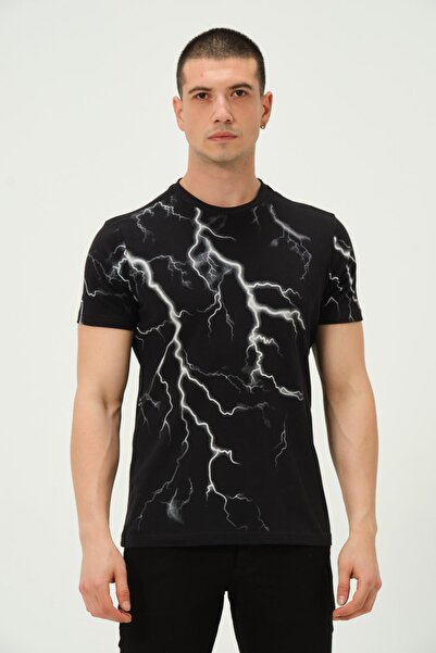 Men's Lightning Printed Regular Fit T-Shirt Black