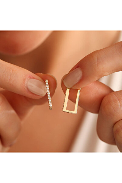 Sembol Gold Dikdörtgen Taşlı Altın Halka Küpe 1.5 cm Mini