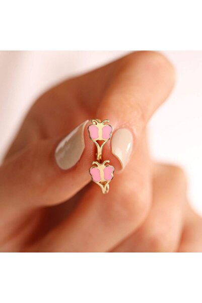 Sembol Gold Altın Çocuk Küpesi Kelebek Mineli Pembe