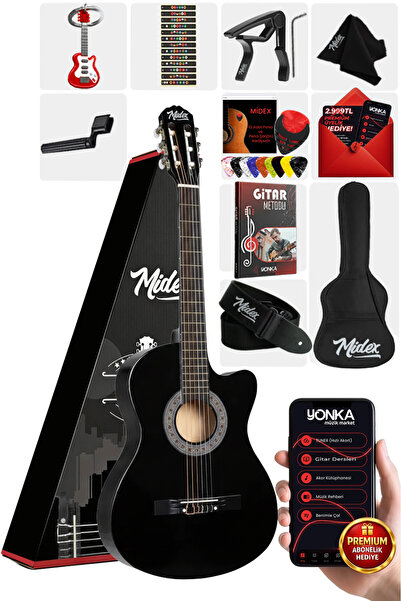 Midex CG-395BK Siyah Klasik Gitar 4/4 Sap Ayarlı Kesik Kasa Full Set (ÇANTA A...
