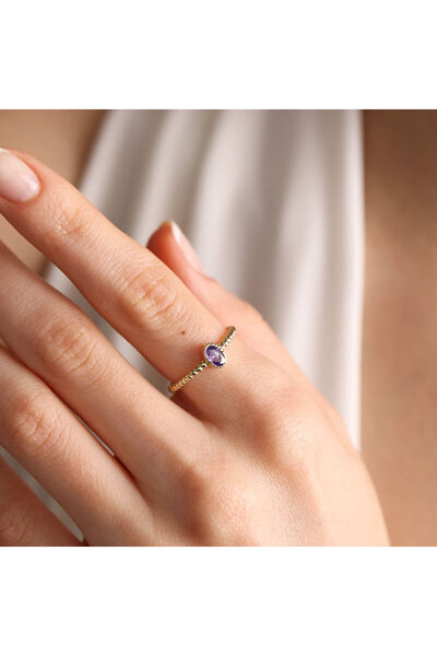 Sembol Gold 14 Ayar Altın Doğum Taşı Yüzük Burç Yüzükler Oval Ametist