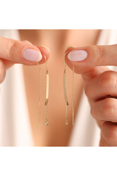 Sembol Gold Altın Sallama Barlı Küpe İtaly 6 cm