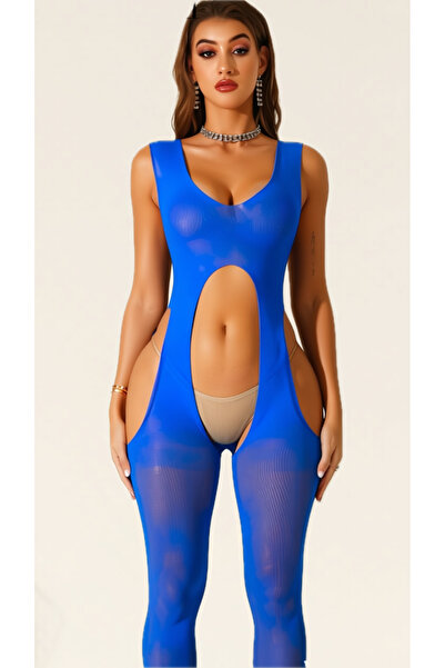 Generic Women's Seamless Blue Body Stocking – One-Piece High-Stretch Mesh Lin...