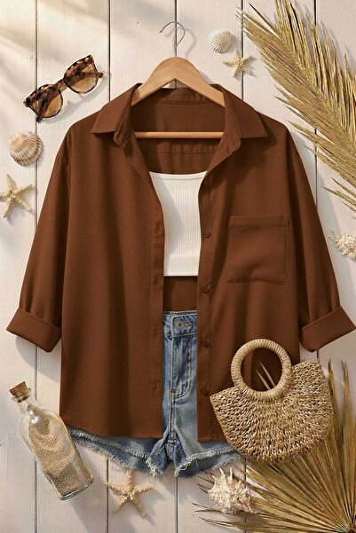 Modabenna Cămașă oversize din bumbac și in, maro închis, cu buzunare, cu umăr...