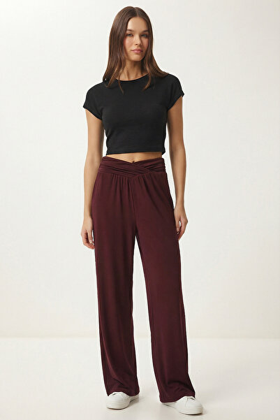 Lovelyİstanbul Drawstring Cross Belt Knitted Trousers Lcr0112 Bordo