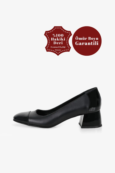 Genuine Leather Black Pattern Detail Comfort 1. Quality Soft Leather Classic Thick Heel Boutique Shoes