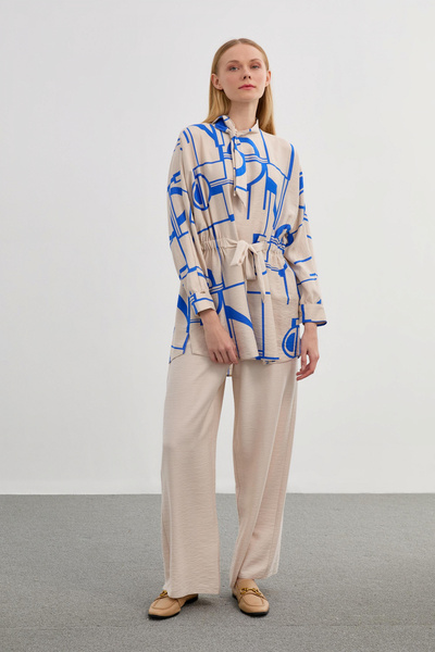 Zühre cu model Guler tip eșarfă bej dublu/ albastru cobalt Set 0701