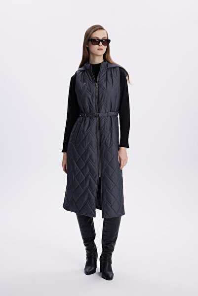 Zühre Kapüşonlu Uzun Kapitone Şişme Füme Yelek 0060