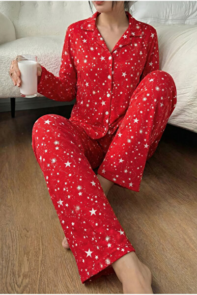 MİSSLALE Önden Düğmeli Yıldız Desenli Kadın Pijama Takımı