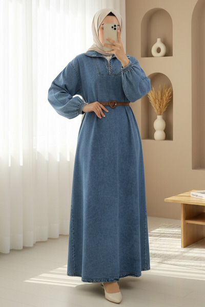 Modamorfo Yarım Boğazlı Fermuarlı Cepli Kot Elbise -Buz Mavi