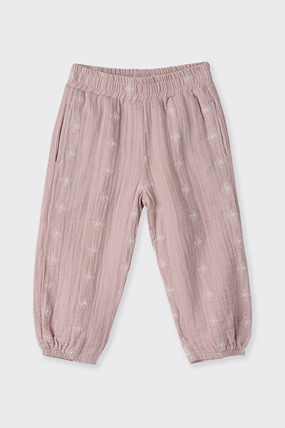 Panço Baby Girl Embroidered Muslin Pink Trousers