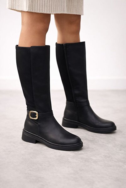 Pine Cone Women's Black Buckle Detailed Stretch Back Boots