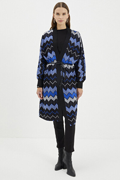 Zühre Desenli Uzun Gece Mavisi Hırka 0009