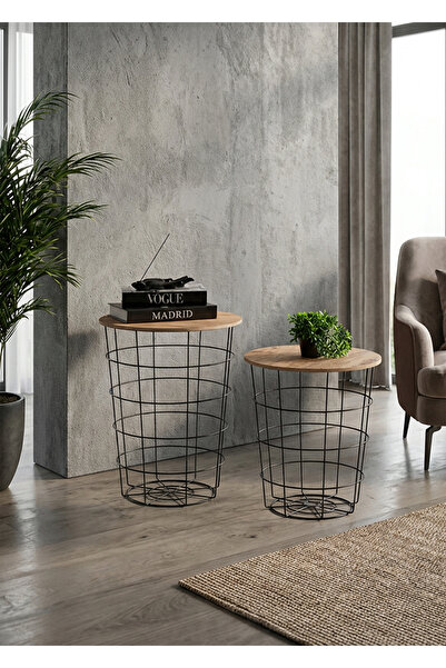 Uyan Ev Ürünleri UYAN EV ÜRÜNLERİ 2'li Yuvarlak Sepet Sehpa Siyah Metal Gövde...