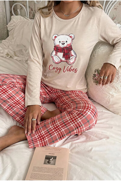 MİSSLALE Ekose Desenli Ayıcık Detaylı Uzun Kollu Kadın Pijama Takımı