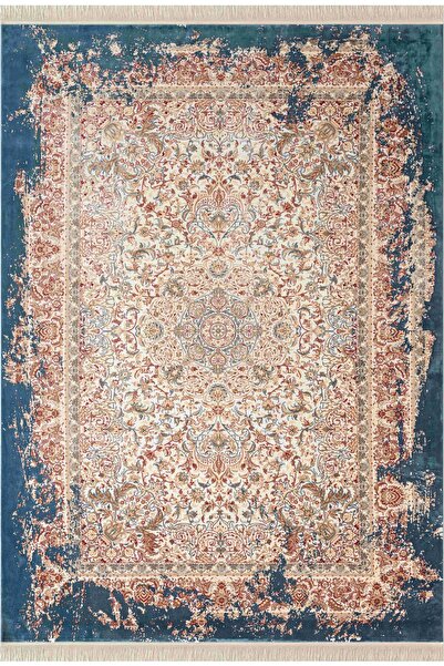 Karmen Halı Diamente DM005M Krem Koyu Mavi Çerçeve Halı Modern Klasik Desen 1...