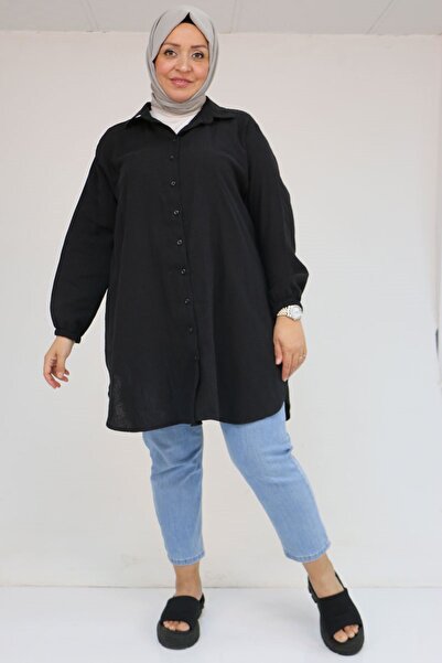 Eslina 58091 قميص موسلين مقاس كبير بأكمام مطاطية - أسود