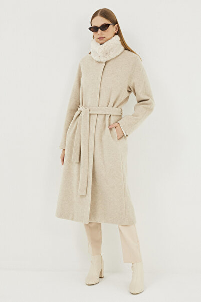 Zühre Kürk Yaka Kaşe Kaban Bej 13418