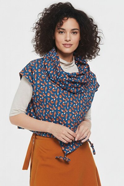 Clandestino Yaka Detaylı Tilki Desenli Bohem Bluz Lacivert
