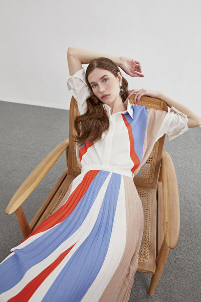 Zühre تنورة برتقالية ملونة مطوية 0145