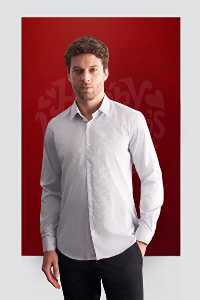 İmza White - Navy Blue Hard Collar Striped Pattern Long Sleeve Slim Fit Stret...