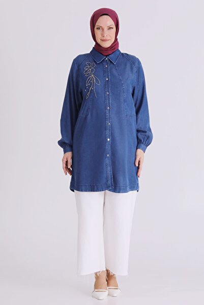 behrem Plus Size Hijab Tencel Denim Tunic 23034 Dark Blue