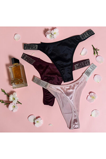 Pamiora Kadın 3'lü Taşlı Tanga Seti - Siyah Pembe Bordo Renkli Kristal Taş De...