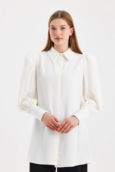 Zühre Кам'яний деталізований балонний рукав Екру туніка 1452