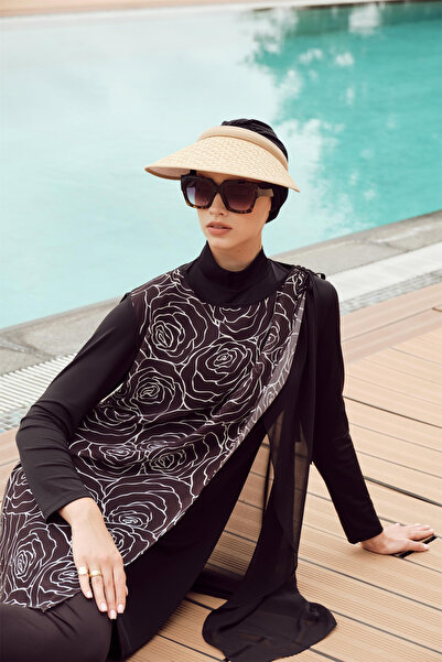 Zühre Costum de baie acoperit integral cu imprimeu floral, negru 0018