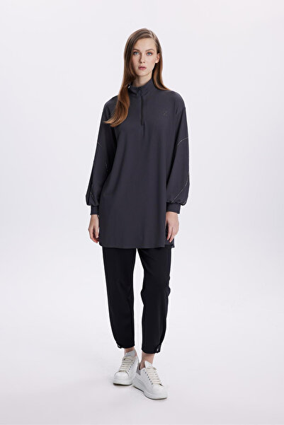 Zühre Taş Işlemeli Fermuar Yaka Antrasit Tunik 1494