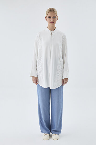 Zühre Nakış Detaylı Fermuarlı Ekru Ceket 0126