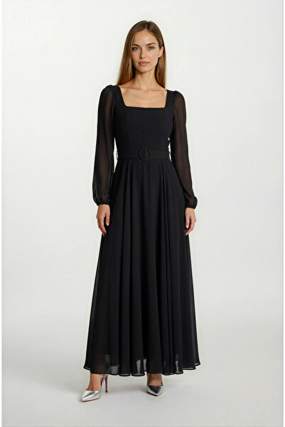 Spazio Pannofino U Yaka Kloş Kemerli Uzun Abiye Elbise SİYAH