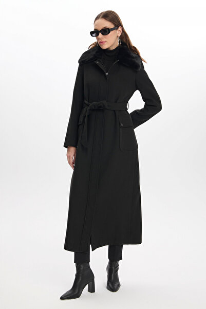 Zühre Черно палто с кожена яка и джоб, детайлно 13673
