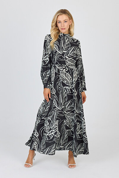 Zühre Hakim Collar Leaf Patterned Black Dress 0482