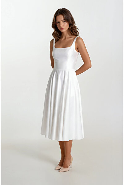 Spazio Nema Sırtı Çapraz Bağlamalı U Yaka Midi Abiye Elbise EKRU