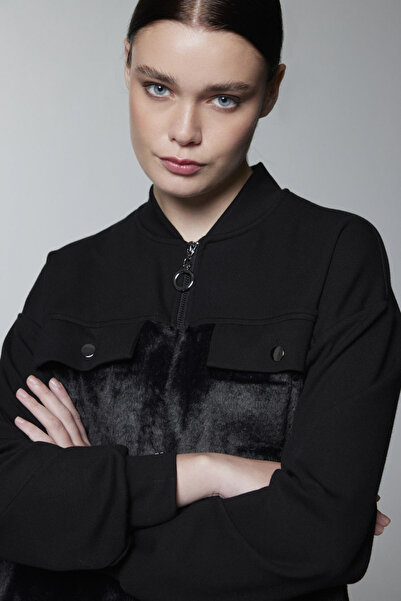 Zühre Fermuarlı Peluş Siyah Ceket 0156