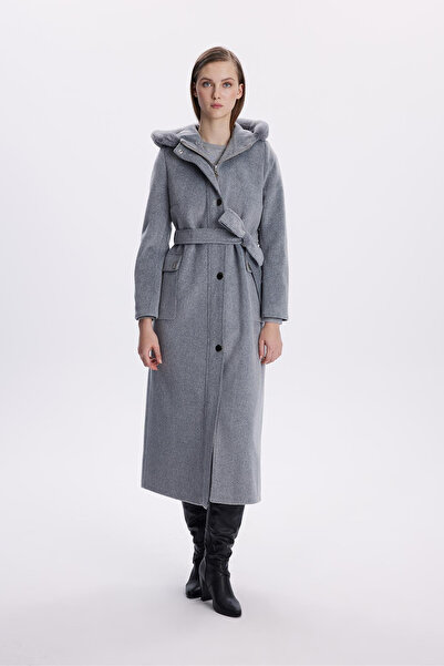 Zühre Kapüşonlu Kürk Detaylı Gri Kaban 13645