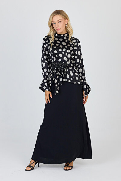 Zühre Puantiye Desenli Kemerli Alt Üst Ikili Siyah Takım 1555