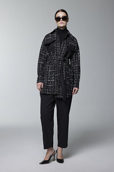 Zühre Tweed Patterned Belted Double Black Suit 1704